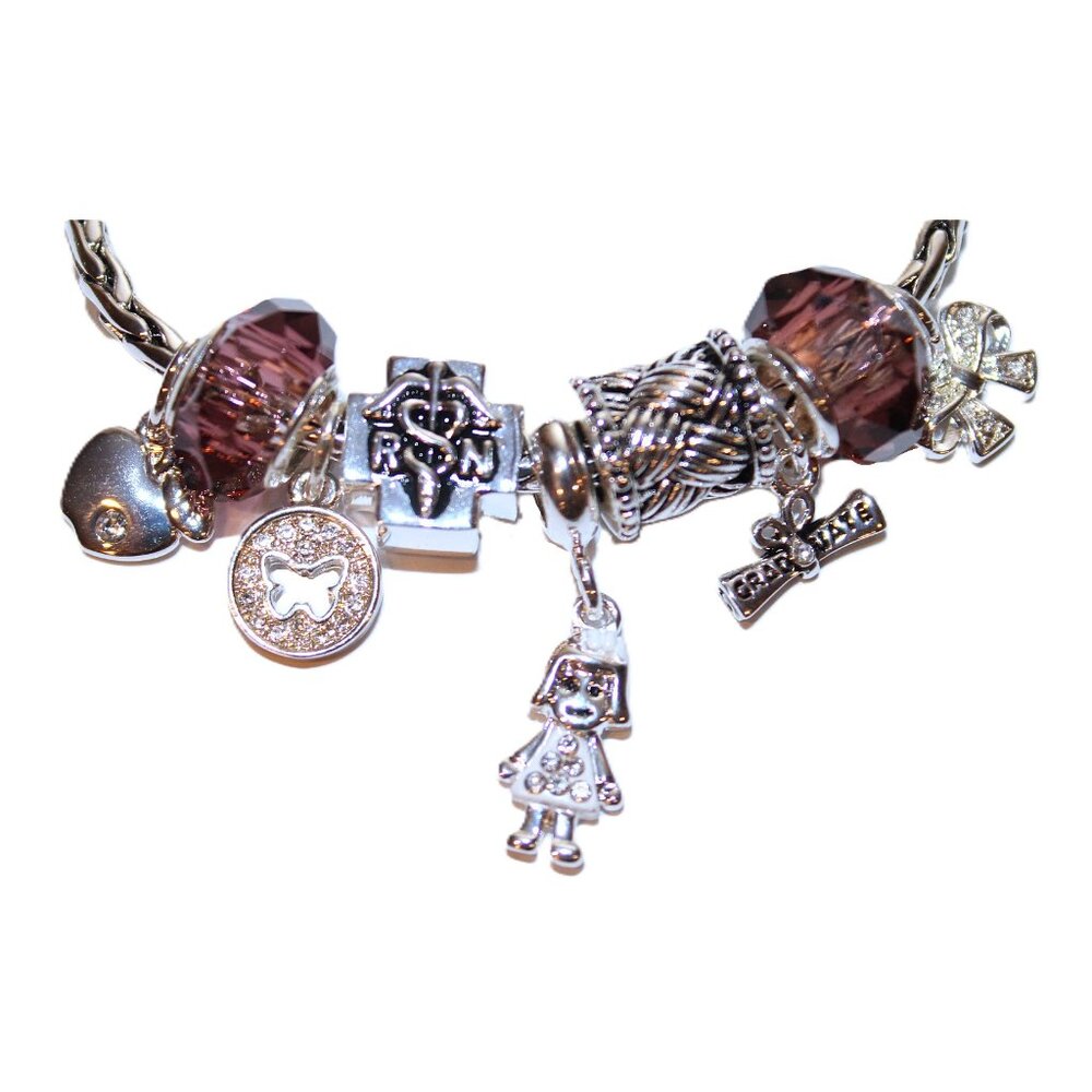 DaVinci Charm Bracelet 7" 9 Beads - RN Nurse Nursing School Diploma Silver CZ
